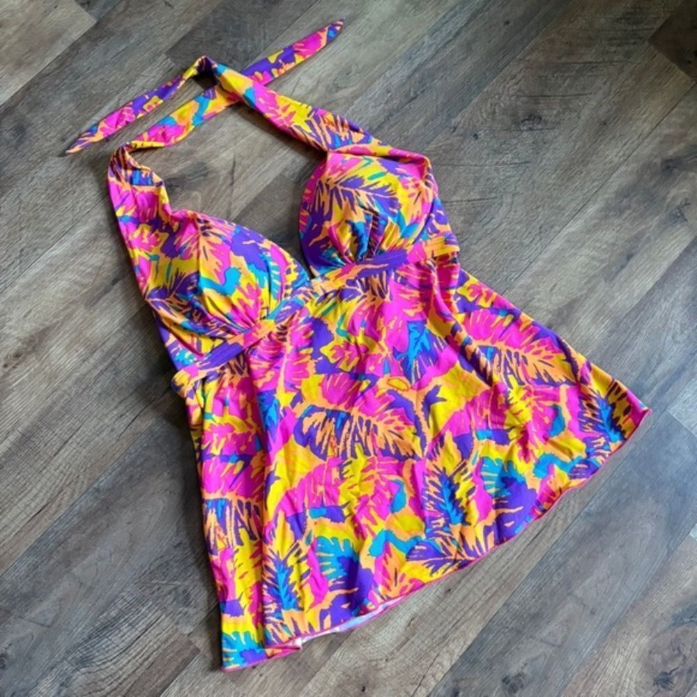 VENUS 14 Hot Pink Neon Tropical Swimwear Tankini Halter Top Boardwalk Beach